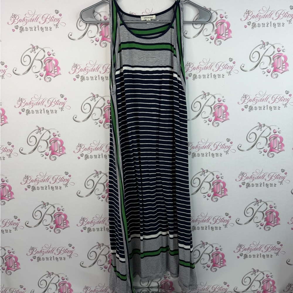 Max studio dress long navy black green white Striped Sleeveless Dress stripes